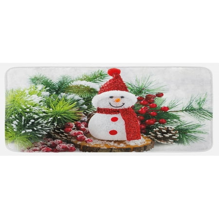 

Christmas Kitchen Mat Retro Style Greeting and New Year Theme with Properties and Snow Covered Wood Print Plush Decorative Kitchen Mat with Non Slip Backing 47 X 19 White by Ambesonne
