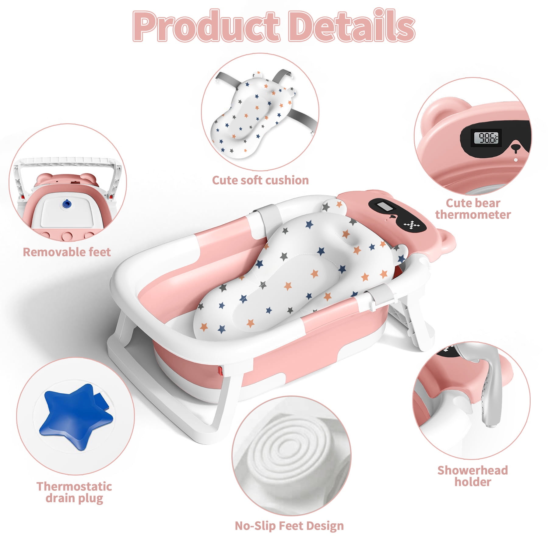 Babyomi Baby Bathtub with Durable Bath Tub and Cute Bear Thermometer, Soft Detachable Cushion No-Slip Hanging and Shower Hat, Foldable Bathtub for Newborn to Toddler, Pink
