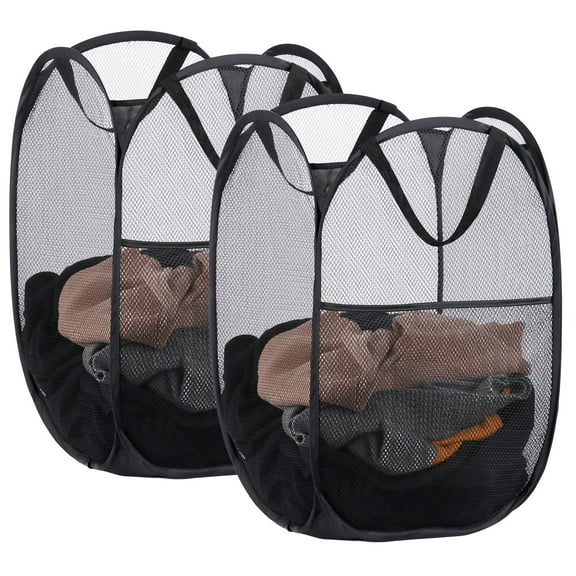 MADIKA 2 Pack Pop up Mesh Laundry Hamper Collapsible Laundry Baskets with Side Pocket- Breathable Black 74L
