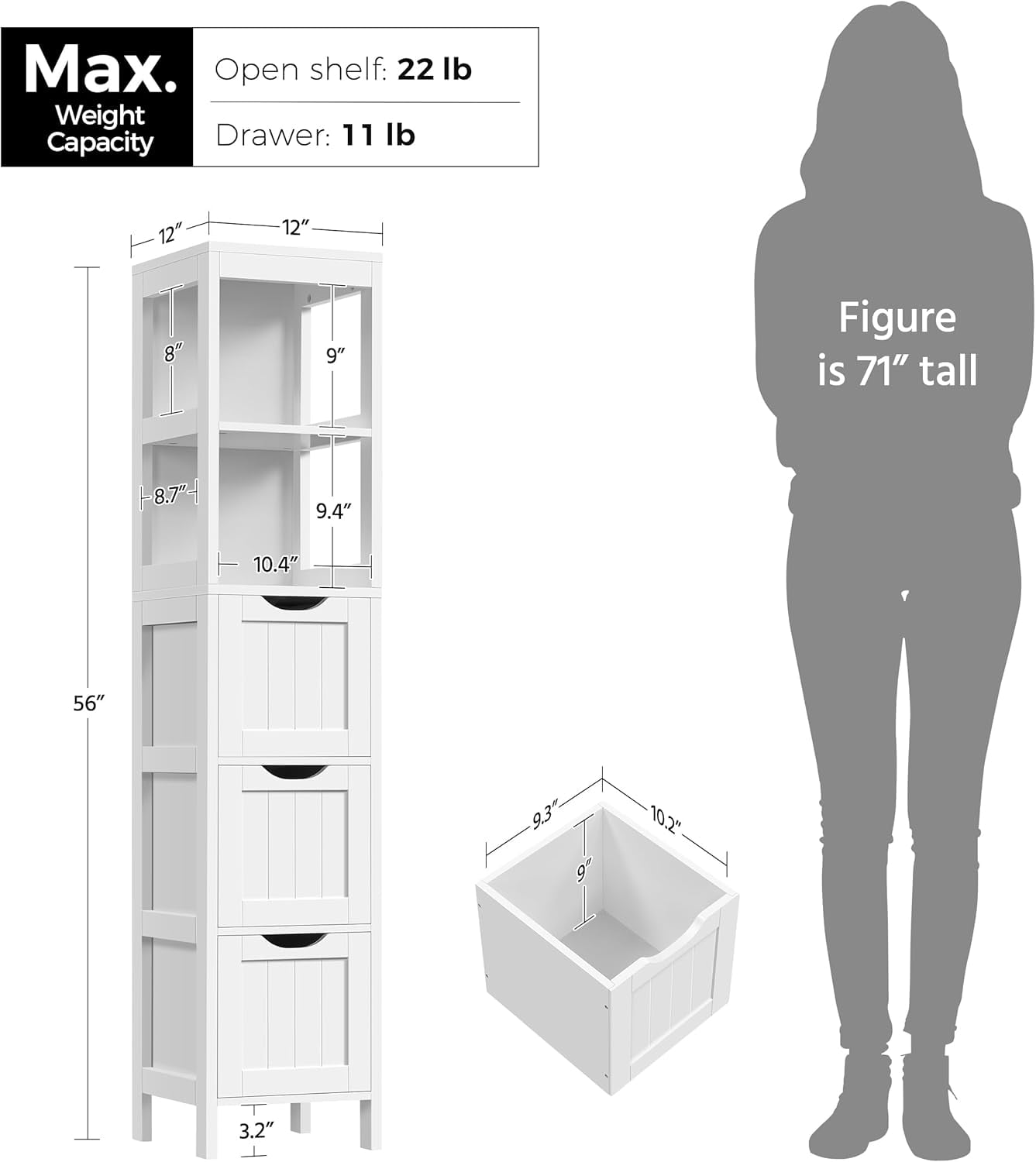 Bathroom Tall Cabinet, Slim Storage Cabinet, Narrow Freestanding Floor Cabinet with 3 Drawers & 2 Shelves, Linen Tower for Small Space, 12" D x 12" W x 56" H, White