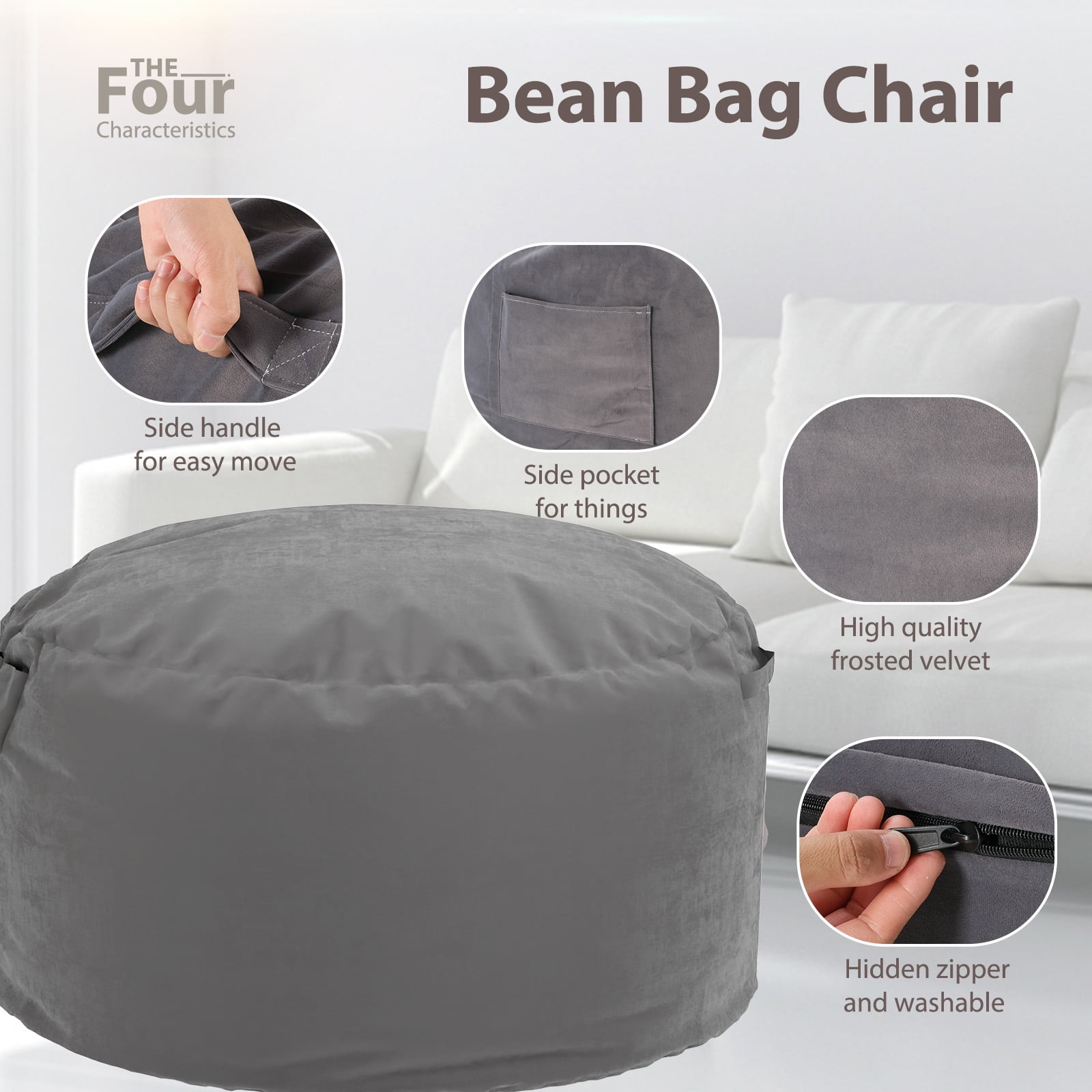 CONCETTA 3ft Sofa Bean Bag Chair , Oversized Beanbag for Adults with Soft Removable Cover, Dark Gray
