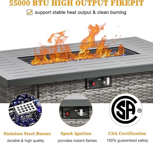 LayinSun 44" Propane Gas Fire Pit Table, 55000 BTU Rectangular Fire Pit with Glass Wind Guard for Outside Patio Deck Garden Backyard
