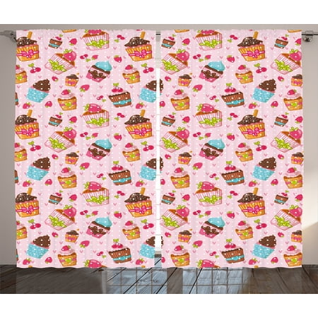 Pink Curtains 2 Panels Set Kitchen Cupcakes Muffins Strawberries