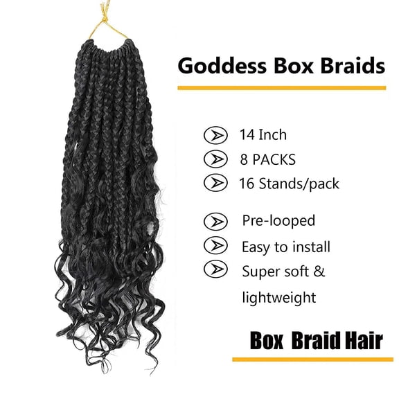 WEIF-14 Inch Goddess Box Braids Crochet Hair Bohomian Crochet Box Braids Curly Ends 8 Pack 3X Crochet Braids Synthetic Braiding Hair Extension Black (14inch, 1