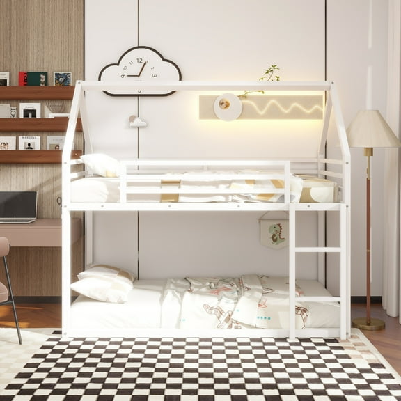 Twin over Twin House Bunk Bed with Built-in Ladder,White