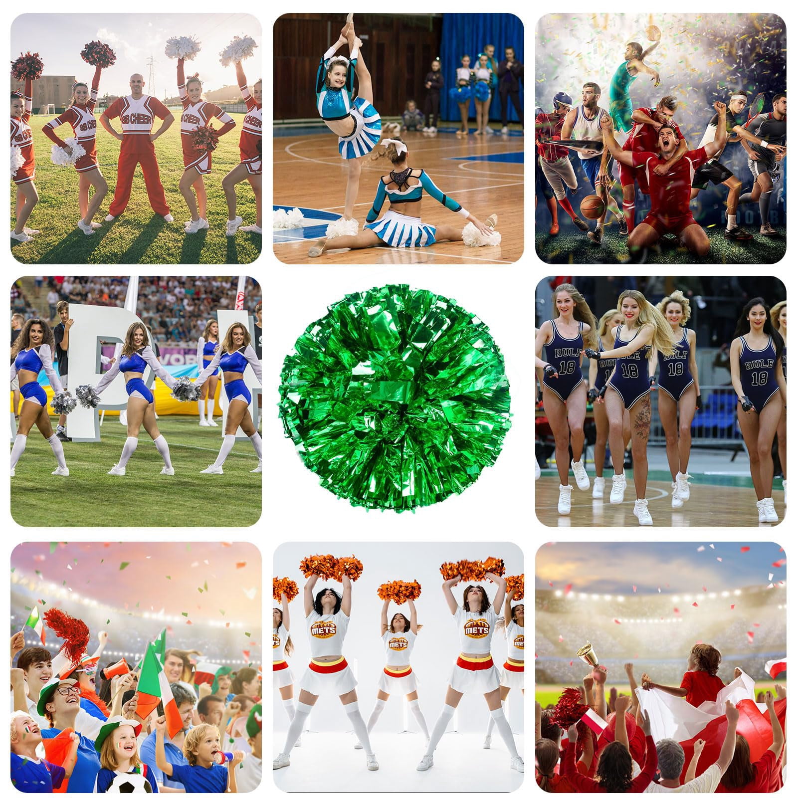 Cheerleading Pom Poms 18 Pcs with Straight Handle, Handheld Squad Pompoms for Sports Team Cheer Spirit Games, Dance Party Adults