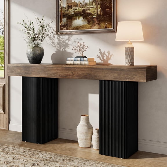 Laisnet 71" Fluted Console Table, Farmhouse Narrow Entryway Table Sofa Table Behind Couch with Open Storage, Brown Black