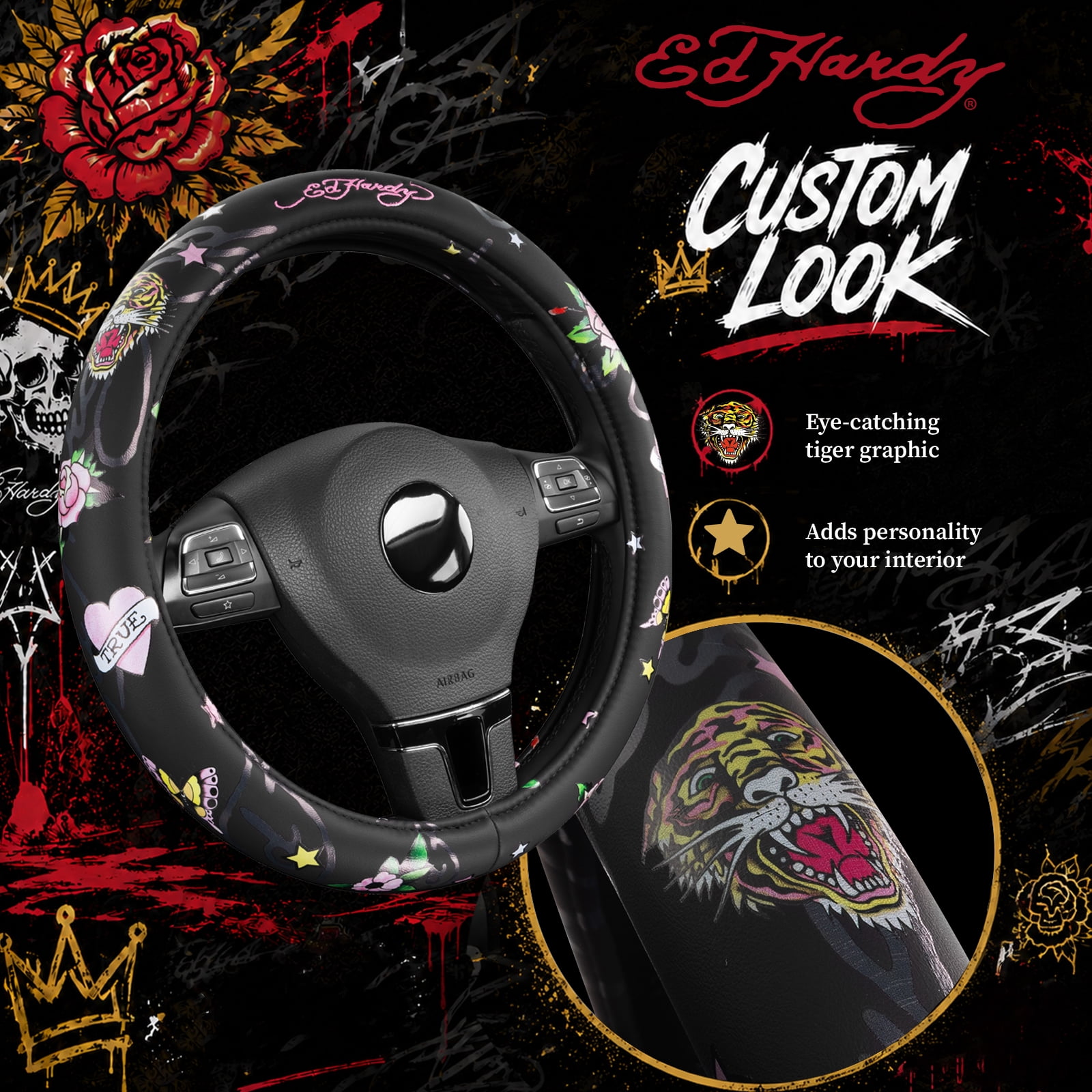 Ed Hardy Steering Wheel Cover, Tiger Print Steering Wheel Cover,Leather Steering Wheel Cover Non-Slip, Universal Fit for Cars SUV Truck, Fits 14.5"–15"