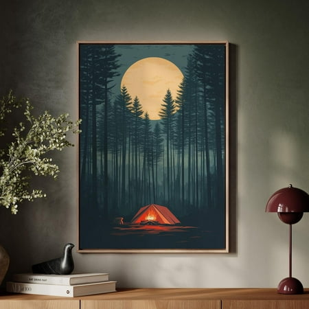 Moonlit Camping Art Print - Cozy Campfire In A Dark Forest Under A Glowing Full Moon - Adventure Wall Decor For Nature Lovers Wall Art Modern Wall Decor 16x24 UNFRAMED