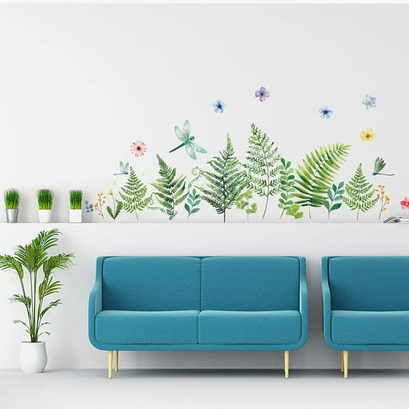 Plants Wall Sticker Green Fern Decals Dragonfly Flower Wall Decals with Tropical Leaves Wall Decor Vinyl Wall Decoration
