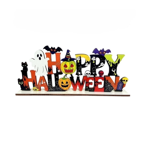 Halloween Decor,Tabletop Sign - Colorful Ghost Pumpkin Motif Wooden Base for Living Room Mantel Party Gift