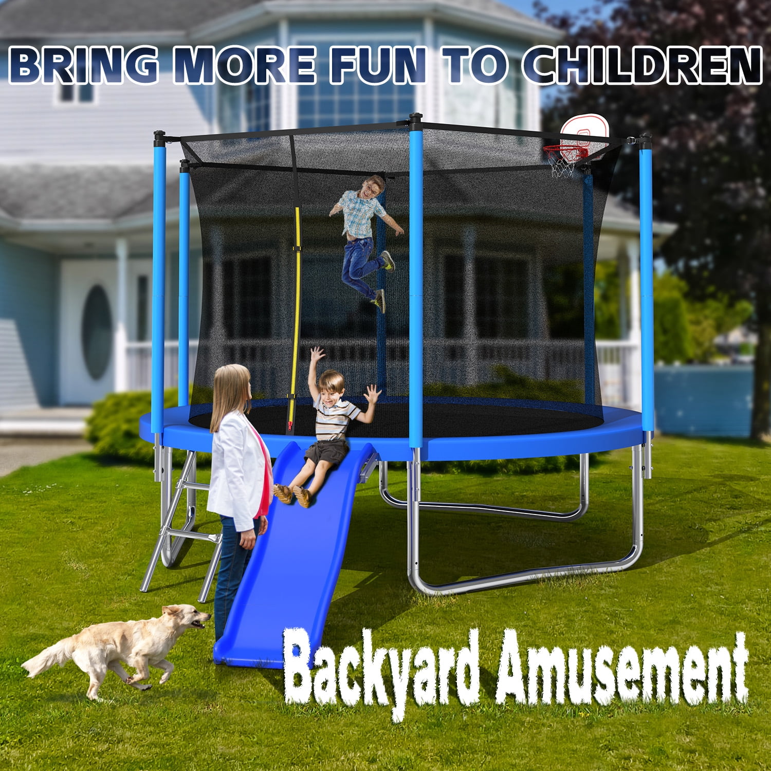 Mersco 10FT Heavy Duty Trampoline with Enclosure Net , Slide Outdoor Big Trampoline for Backyard,Kids Trampoline with Basketball Hoop,Birthday and Holiday Gifts for Kids,Blue
