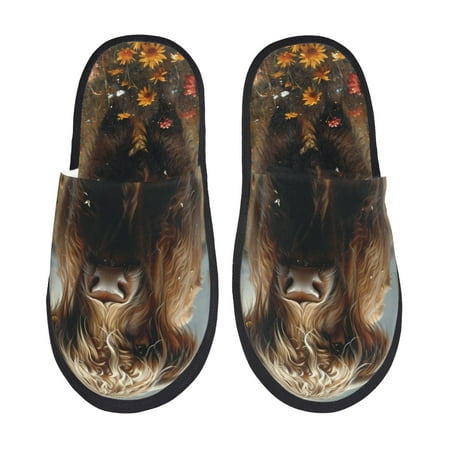 Balery Grassland Sunflower Cow Slient Indoor Furry Fleece Comfort House Shoes Soft Non-Slip Home Shoes Cotton slippers House Slippers-- Large