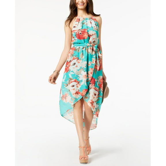 Bcx Juniors Floral Print High Low Halter Dress Jade Coral XL