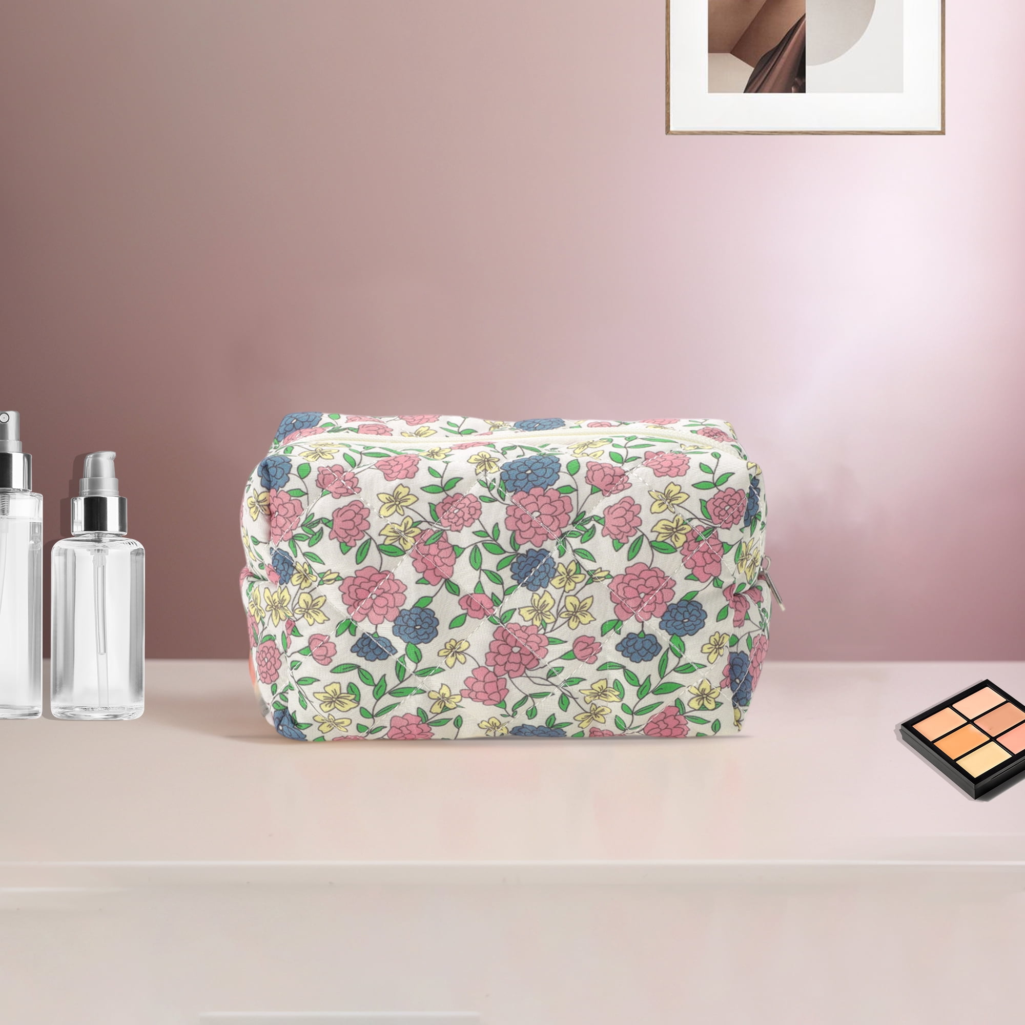 Unique Bargains Quilted Square Flowers Makeup Bag Multicolored for Travel and Storage