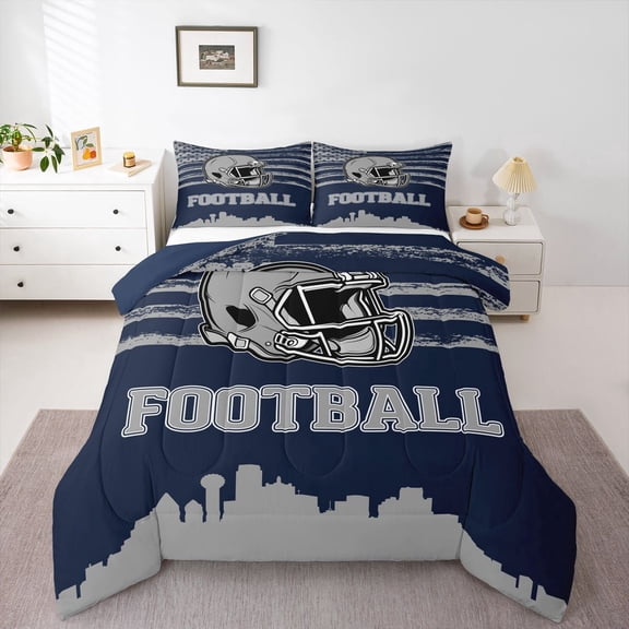 Erosebridal Rugby Helemet Bedding Sets Twin with Comforter,Football City Silhouette Duvet Insert,Blue Gray Comforter Sets Twin Size,Super Cozy Room Decor Reversible,2pcs