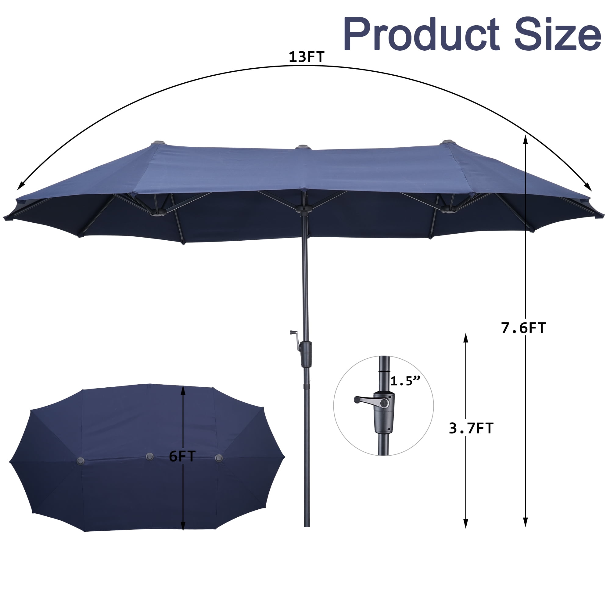 Autlaycil 13ft Rectangle Patio Umbrella with Crank System, Sturdy Ribs for Pool, Yard, Market - Navy Blue