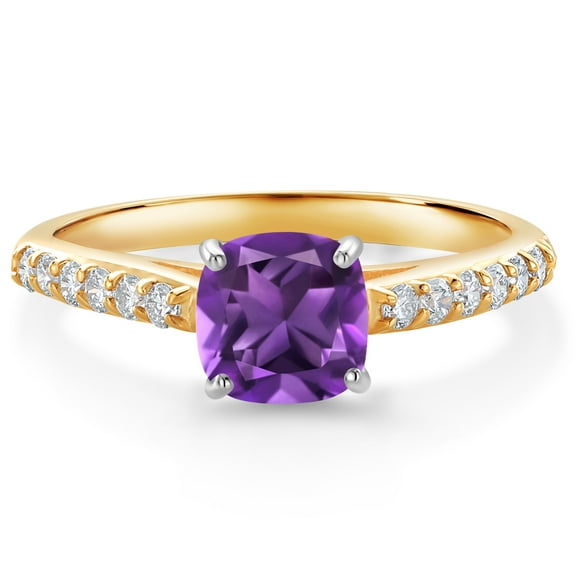 Gem Stone King 10K Two Tone Gold Purple Amethyst and White Lab Grown Diamond Engagement Ring for Women (1.15 Cttw, Gemstone February Birthstone, Cushion 6MM, Size 6)
