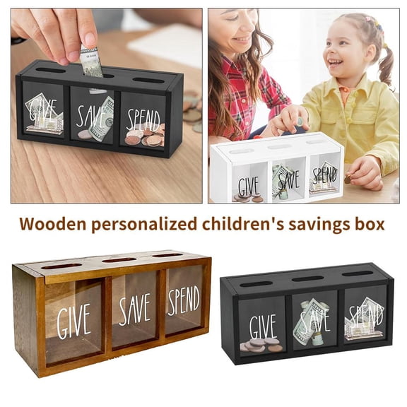 Wooden Personalized Childrens Savings Box Give Save Kid Daily Piggy Spend Bank Money Box Storage Saving Family Cash Money