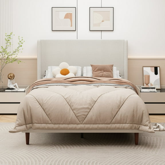 High Headboard Upholstered Bed, Queen Size Bed Frame, 12-Slat Support, Easy to Assemble, Beige, Chenille Cloth, No Box Spring Needed