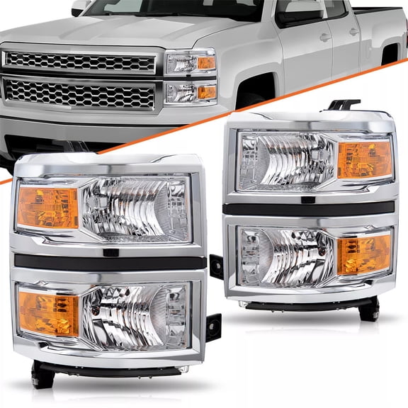 Pair Headlights for 2014-2015 Chevy Silverado 1500 Pickup Chrome Headlamps