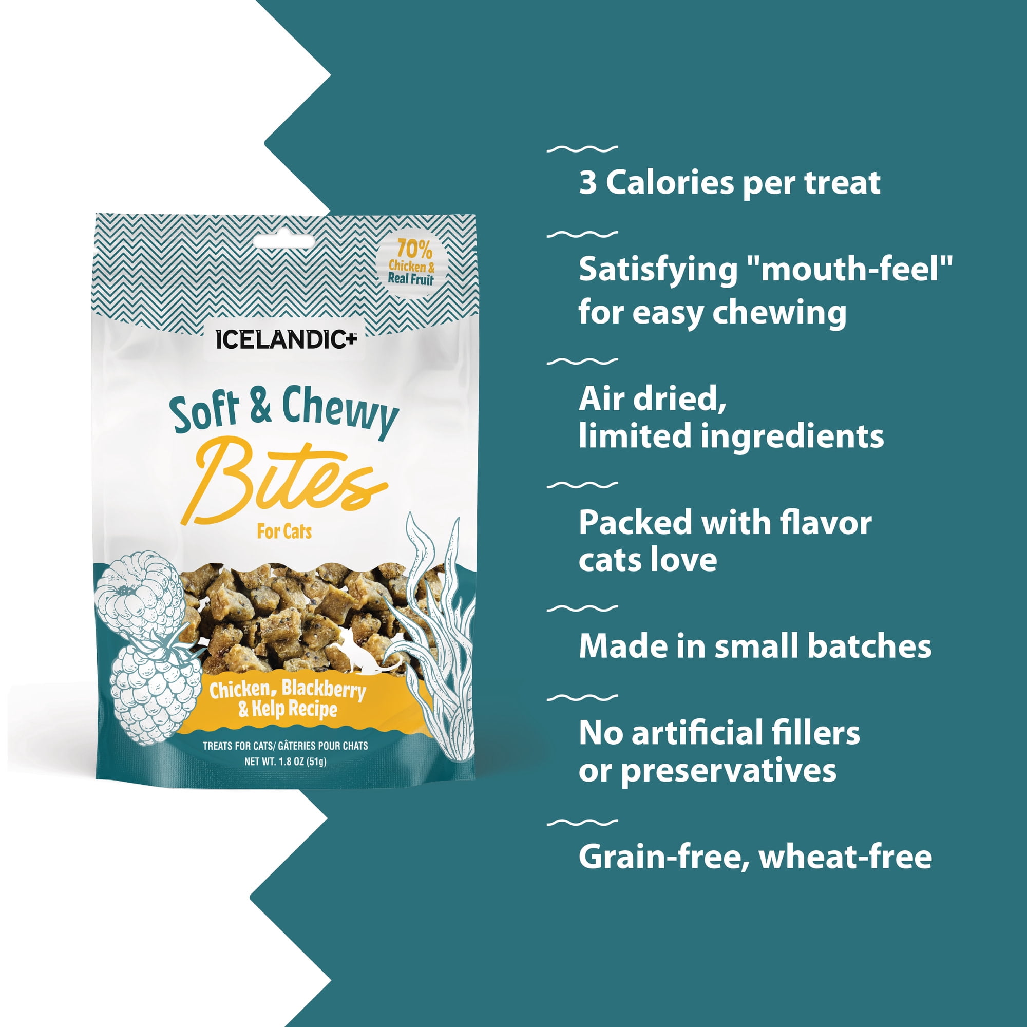 Icelandic+ Soft & Chewy Bites - Chicken, Blackberry & Kelp - 1.8oz Cat Treats, 70% Meat & Fruit, Air-Dried, Limited Ingredients, Pet Snack, Grain Free