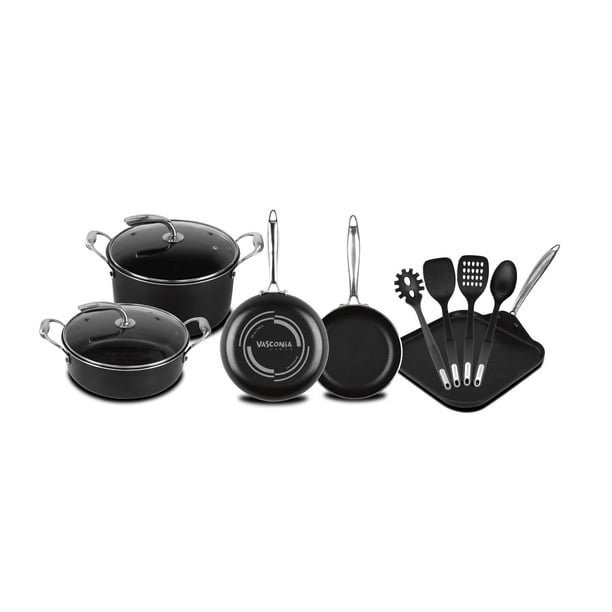 Vasconia | Batería de Cocina con Antiadherente Urban 11 Piezas de Aluminio - Color Negro