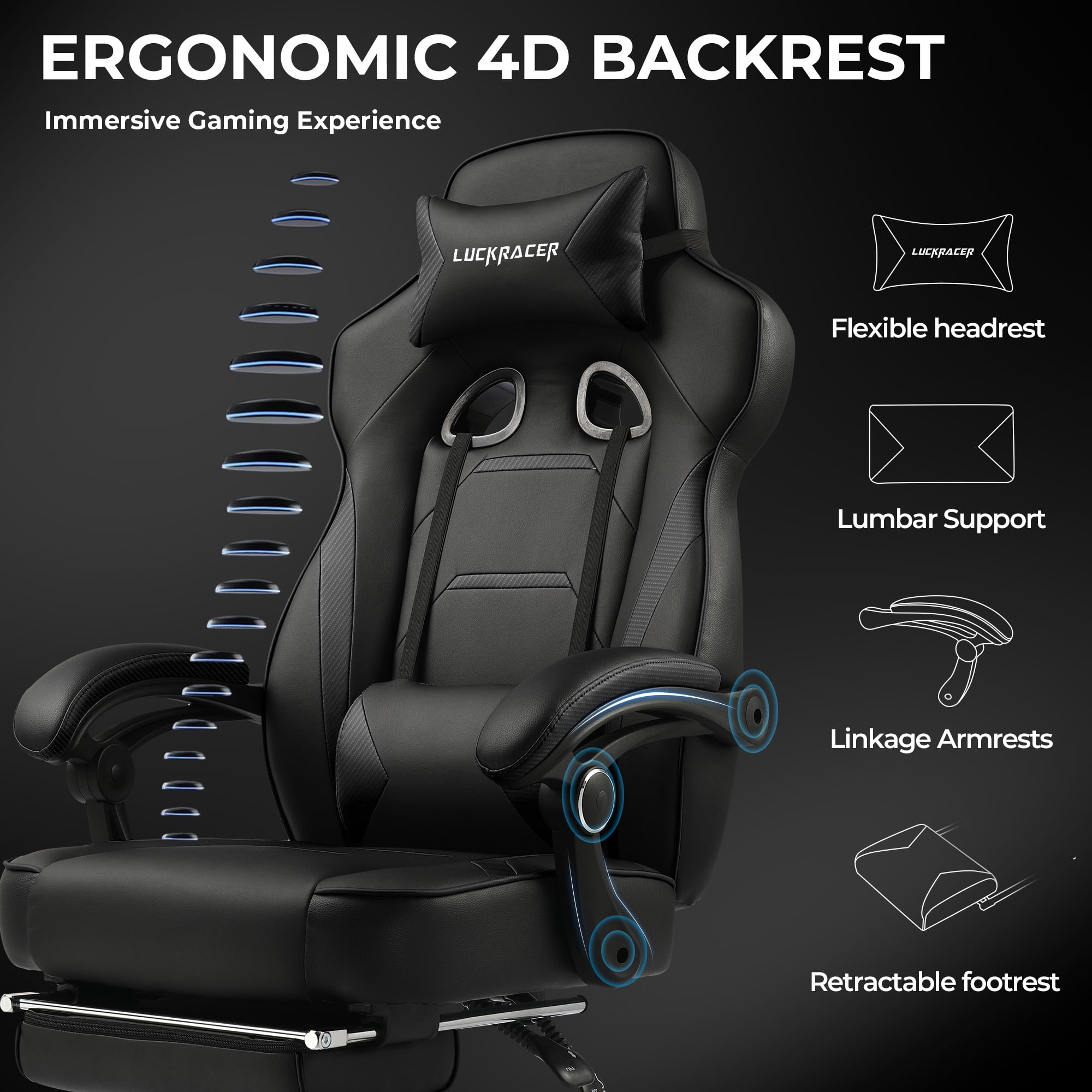 LUCKRACING Gaming Chair with Footrest, Big and Tall Game Chair 350lb Racing Style Computer Chair, Ergonomic Executive Office Chair High Back with Lumbar Support and Recliner, Black