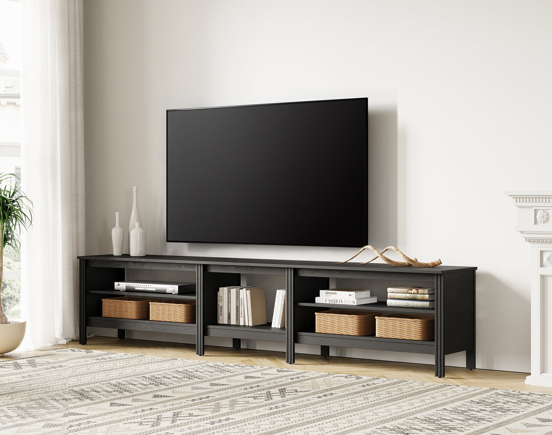 Fitueyes 94" Mid-Century Modern TV Stand for 85-100" TVs, Home Entertainment Center with Open Shelves for Living Room, black