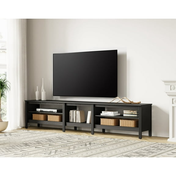 Fitueyes black TV Stand for 90 100 Inch TV Entertainment Center, Wood TV Table with Open Shelves for Living Room, 94 inch
