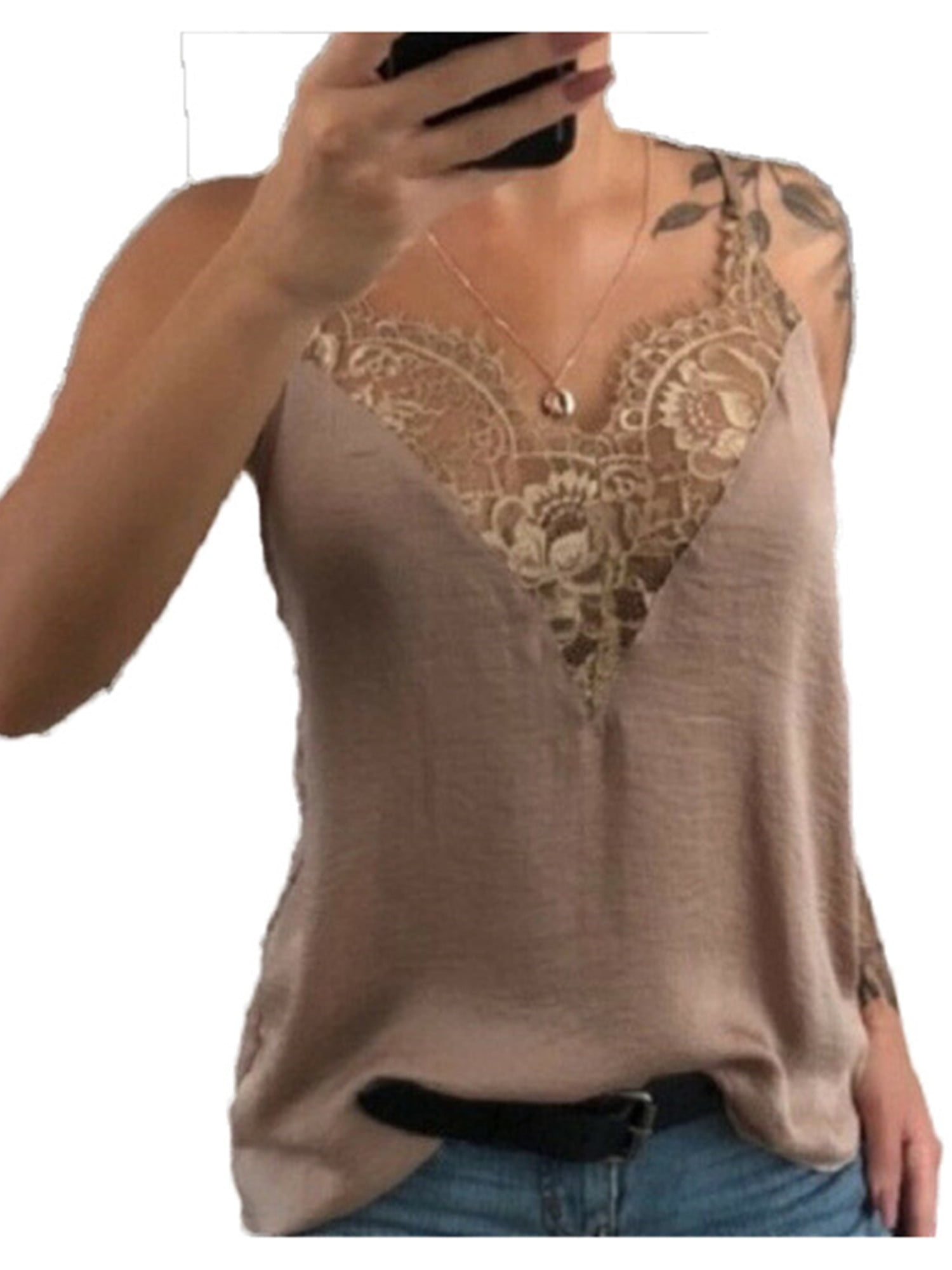 Women T-Shirt Lace Vest Sleeveless Loose Camisole Casual V-Neck Tank Tops Blouse