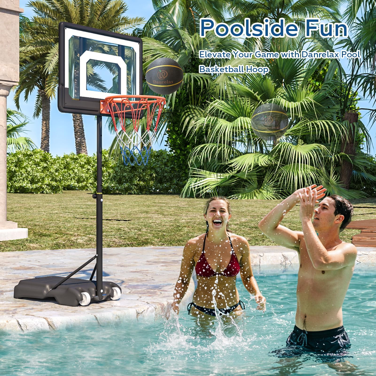 Bezliving Pool Basketball Hoop, Height Adjustable 3.9" to 6.9", Black PE Frame, Water Base, Includes Air Pump, 8-Inch Rubber Ball, Indoor & Outdoor Use