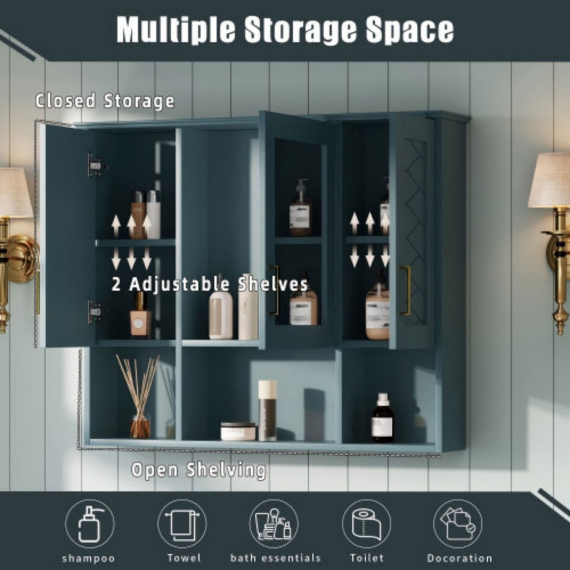 35" Wall Mounted Medicine Cabinet with Mirror, Bathroom Storage Cabinet with Adjustable Shelves, Soft Close Doors, Modern Mirror Cabinet for Vanity, Blue