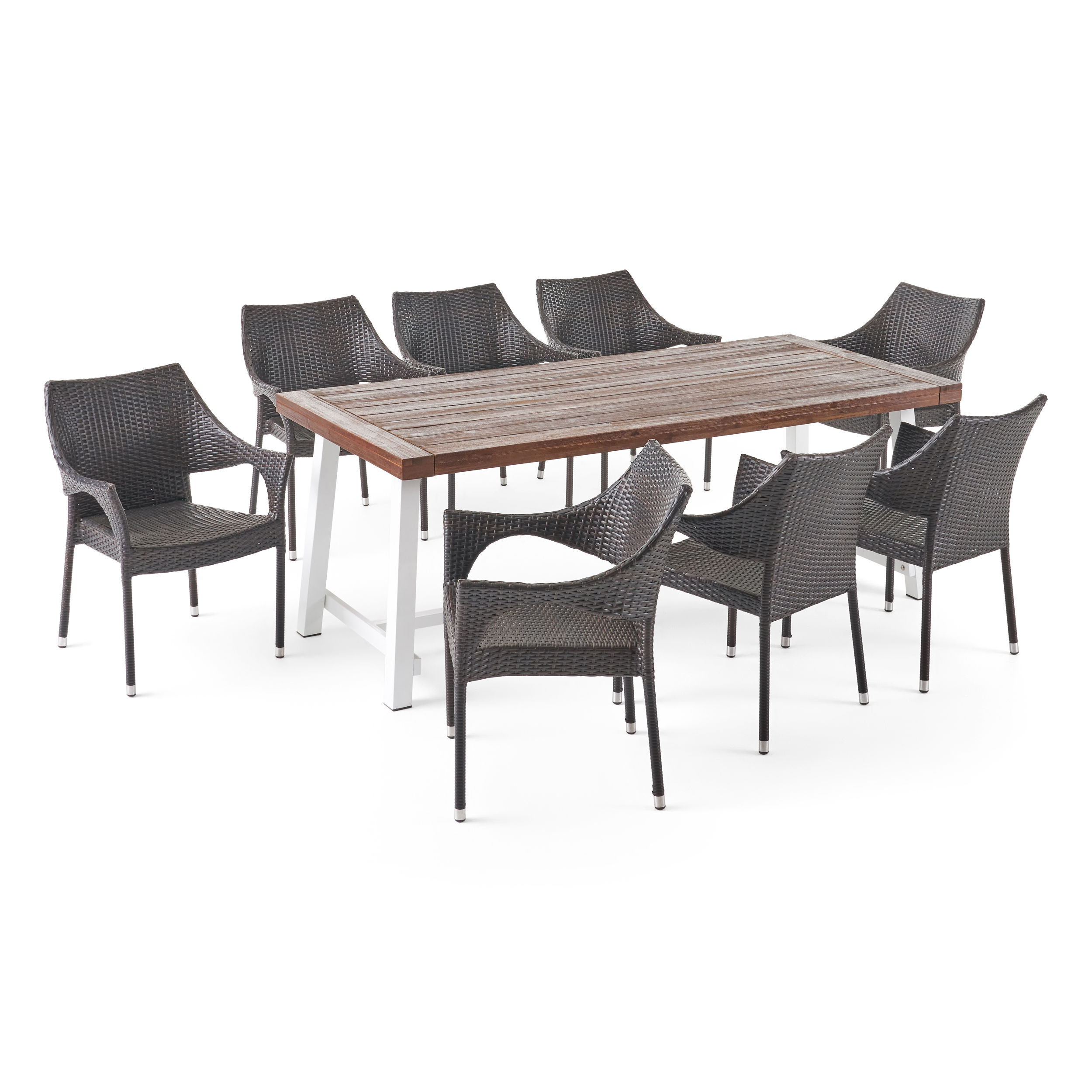Kingston Outdoor Wood and Wicker 8 Seater Dining Set, Dark Brown and Multibrown