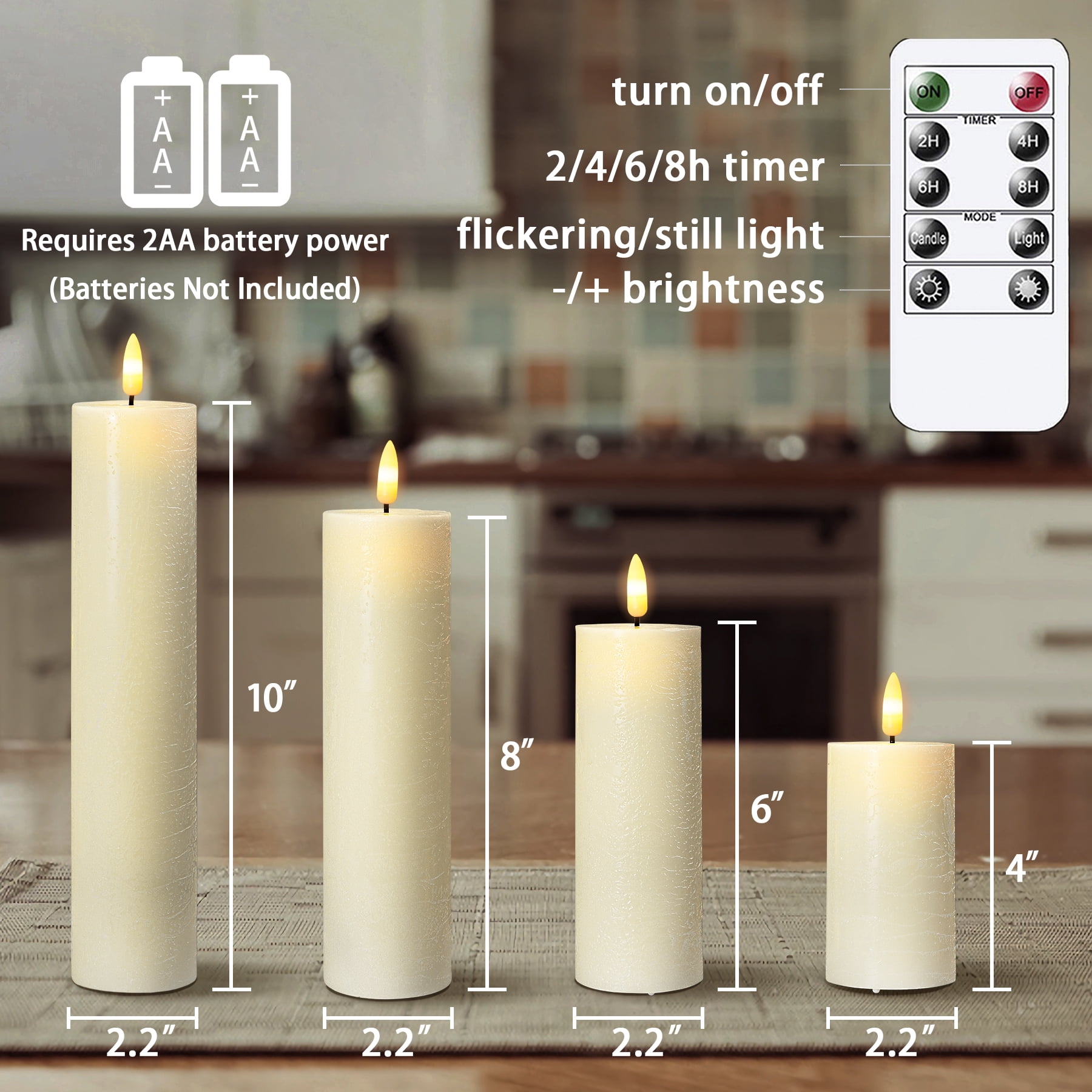 Mavandes Flickering Flameless Pillar Candles with Remote Control and Cycle Timer,Ivory Pack of 4 Battery Operated LED Real Wax 3D-Wick Electric Candles