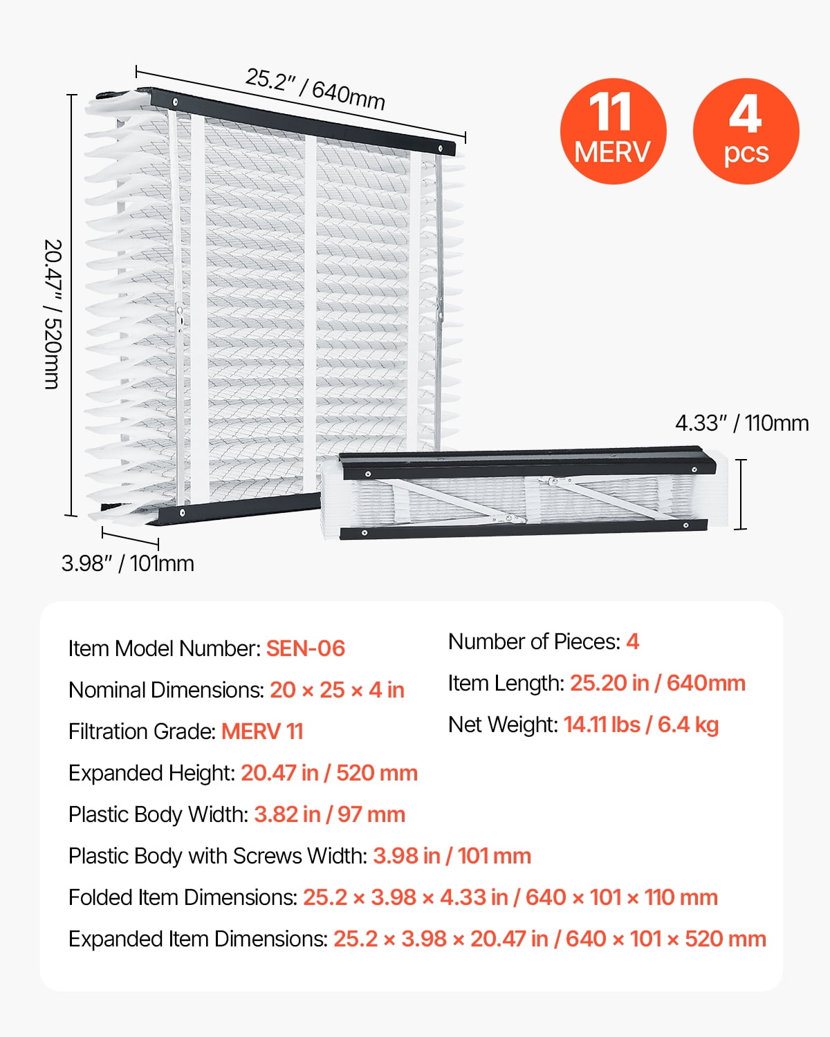 VEVOR 20 x 25 x 4 Furnace Filter, MERV 11 HVAC Ac Filters,12-Month Electrostatic Pleated Air Conditioner Filters, 4-Pack (Actual Size: 20.47 x 25.20 x 3.98 Inch) for Capturing Dust, Smog, Pet Dander