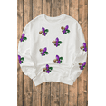 thumbnail image 6 of Women's White Fleur De Lis Sequin Patched Graphic Drop Shoulder Sweatshirt | [ZhiHiMeRi] | (US 20-22)2XL, 6 of 6