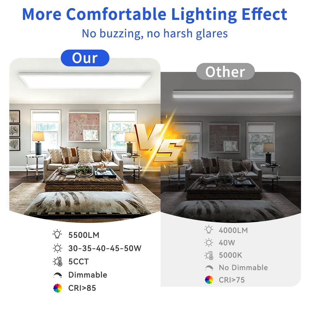2 Pack 1x4 LED Flat Panel Light – 5500LM Ultra-Bright, Dimmable 30-50W, 3000K-6500K Adjustable, 0-10V Dimming, Slim Surface Mount Ceiling Light for Office, Home, Garage