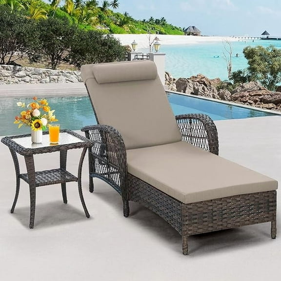 EPICOZY Outdoor Wicker Lounge Chair Set, 6-Position Adjustable Patio Chaise Lounge w/Side Table, All Weather Lay Flat Pool Sunbathing Recliner, Armrest & Head Pillow, Fade-Resistant, Beige