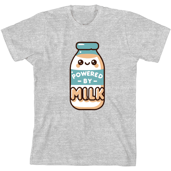 "Powered By Milk" Youth Heather Gray Crew Neck Short Sleeve Tee-Medium