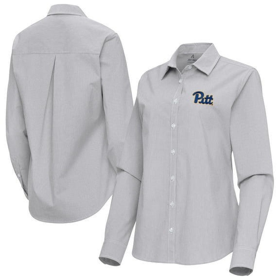 Women's Antigua Gray Pitt Panthers Porter Woven Tri-Blend Long Sleeve Button-Up Shirt