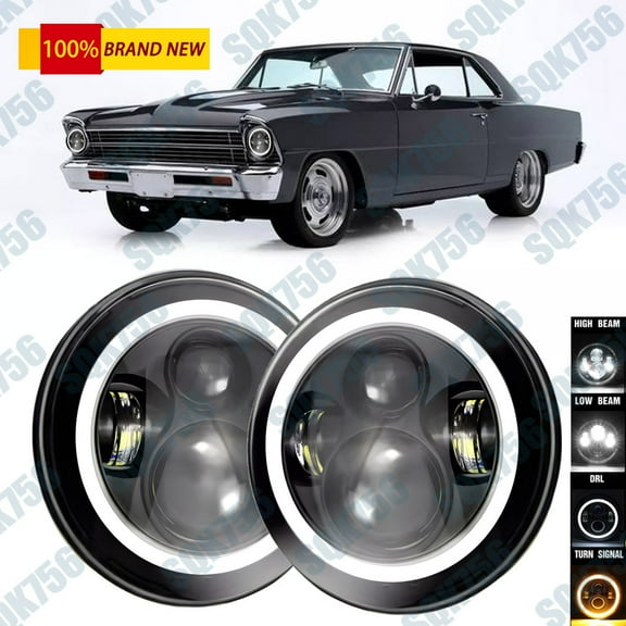 Pair 7" Inch Round LED Headlights Halo Angel Eyes DRL for Chevy Truck Camaro C10