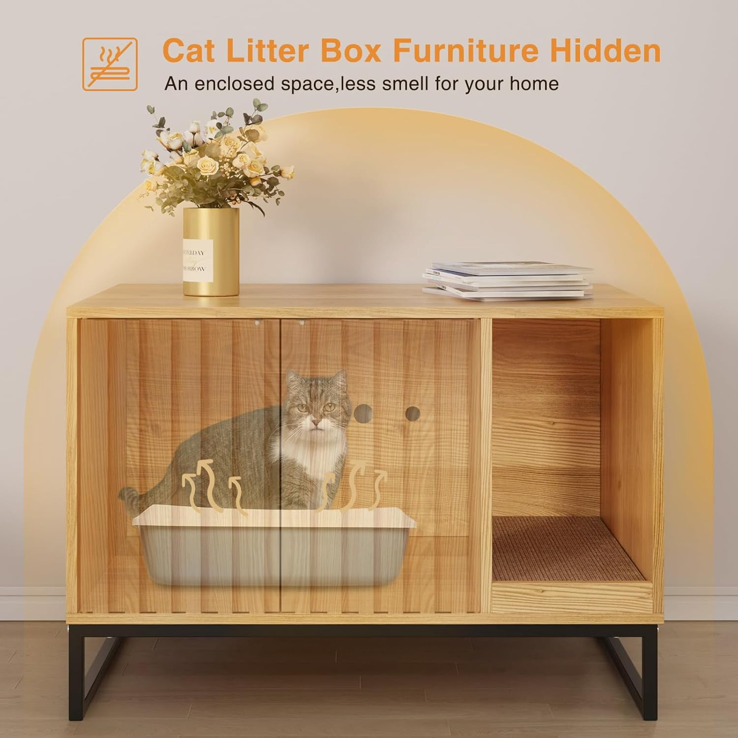 Vabches Hidden Cat Litter Box Enclosure Furniture, Multi-Functional Cat Washroom Bench with Cat Scratching Pad and Fluted Doors