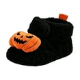 thumbnail image 2 of HTHLVMD Pumpkin Halloween Slippers,Baby Halloween Slippers Pumpkin Jack O Lantern Plush House Shoes Warm Fuzzy Lining Non Slip Hard Sole Closed Toe Indoor Home Use Holiday Party Decor,Black 3.5, 2 of 4