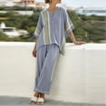thumbnail image 4 of Pounoo Women's Two Piece Set Striped Print Linen Blend Tops and Trousers Coastal Summer Casual Oversized Comfort Outfits Gift, 4 of 5