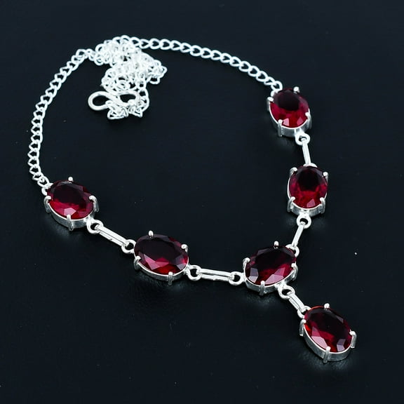 Mozambique Garnet Oval Gemstone 925 Sterling Silver Solitaire Necklace 18" VJ 94