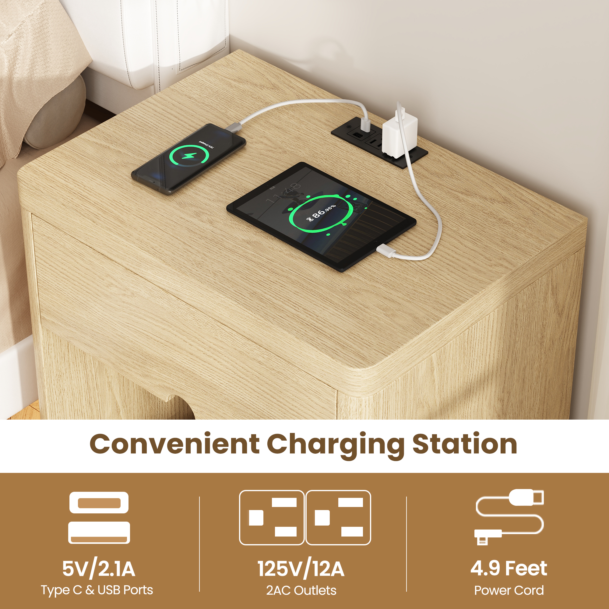 Set of 2 Wood Nightstands with USB Charging Station, 24" Bedside Tables with Safe Rounded Corners & Crescent Handles - Sturdy End Tables for Bedroom, Living Room, Nursery (Wood, 2-Piece Set)