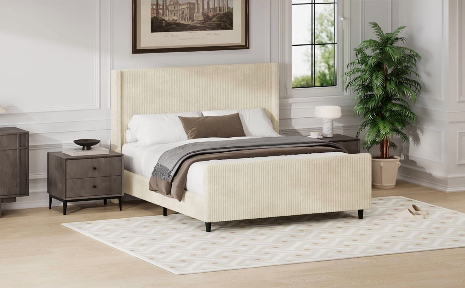 Euroco Corduroy Upholstered King Size Platform Bed with Vertical Stripe Wingback Headboard, Cream