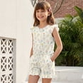 thumbnail image 3 of ZIATUBLE4S Pastel Floral Bow Print Girls Summer Romper Ruffle Cap Sleeves One-Piece Short Jumpsuit Soft Comfort Kids Casual Playsuit with Pockets for 5-6 Y, 3 of 6