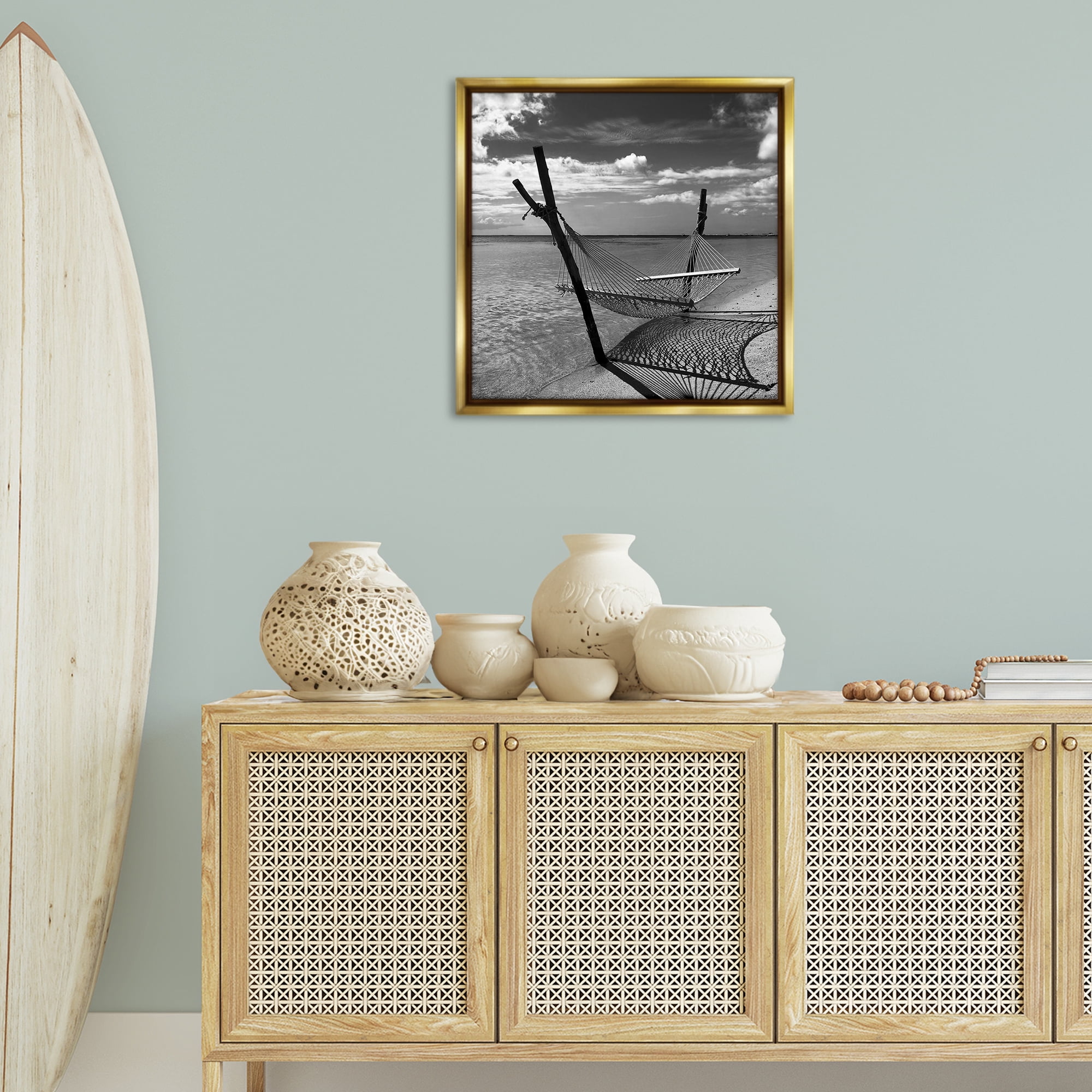 Stupell Industries Windward Beach Hammock Coastal Photography Gold Floater Framed Canvas Art Print Wall Art, 25 x 25